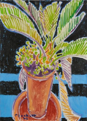 Lot 1107 - Joseph Plaskett (1918-2014) oil on canvas - Still Life, Palm & Pot, signed and dated '02, 67cm x 49cm, unframed