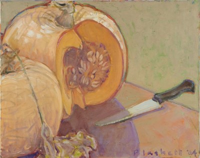 Lot 1109 - Joseph Plaskett (1918-2014) oil on canvas - Still Life, Pumpkin with Knife, signed and dated '04, titled verso, 41cm x 50cm