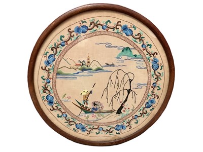 Lot 2079 - 1930s four framed embroideries including circular Chinese inspired landscape diameter 50 cm. approximately, small circular crewel work pane