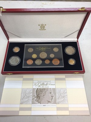 Lot 266 - G.B.- Elizabeth II "Gillick Portrait Collection" by the Royal Mint in an attractive red case comprising 1957 and 1968 gold sovereigns, an uncirculated cased set from 1/4d