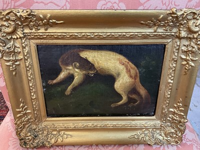 Lot 1040 - Unusual early 19th century oil on canvas laid onto an oak panel, depicting a creature that appears to be half otter and half dog