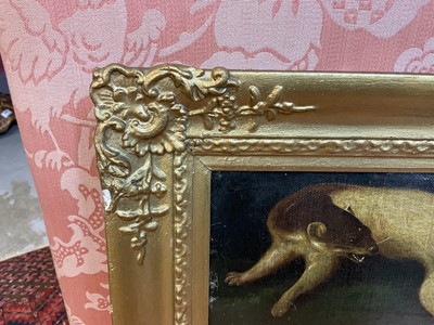 Lot 1040 - Unusual early 19th century oil on canvas laid onto an oak panel, depicting a creature that appears to be half otter and half dog