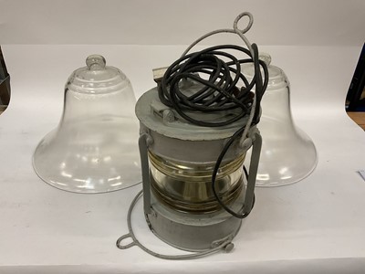 Lot 2625 - Pair of copper ship's lanterns and a pair of large glass bell cloches (4)