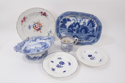 Lot 28 - Group of 19th century  English ceramics, including a blue and white platter, footed dish, two-division mug, and two moulded dishes, together polychrome dish painted with floral sprays (6)