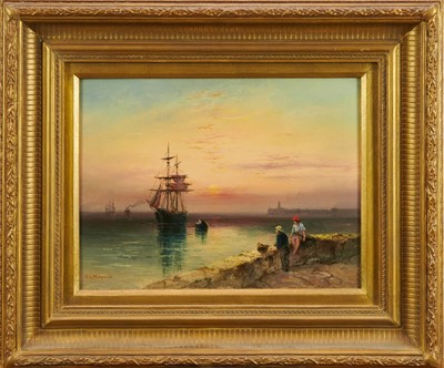 Lot 1200 - Sarah Louise Kilpack (1839-1909), oil on board - Sunset Calm, signed, 22cm x 30cm, in gilt frame