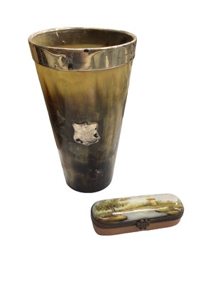 Lot 1112 - Silver mounted horn cup together with a Continental porcelain toothpick box