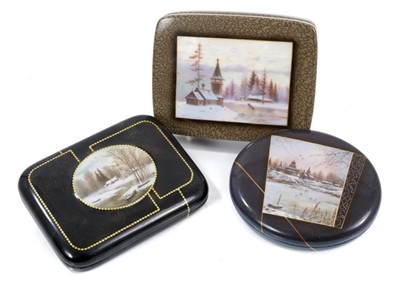 Lot 646 - Three Russian hand decorated papier mâché boxes