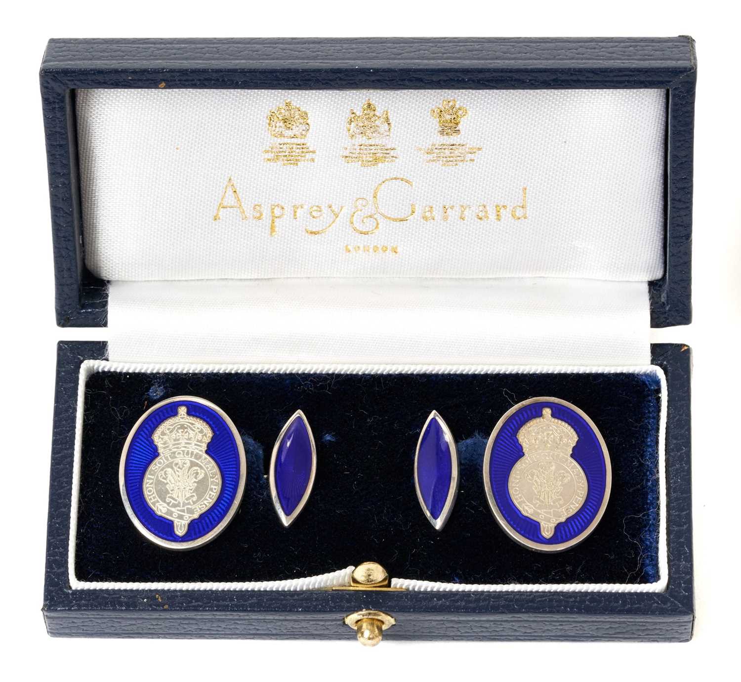 Lot 72 - H.R.H. Prince Charles Prince of Wales, (now H.M. King Charles III) silver and enamel presentation cufflinks by Asprey-Garrard in  case , (hallmarked 1998)