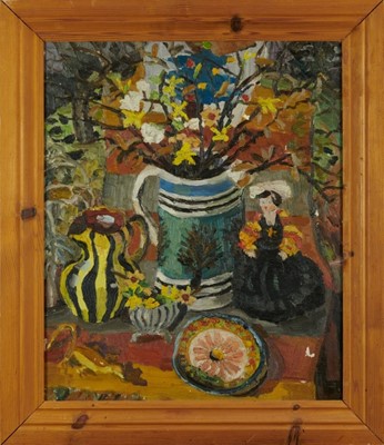 Lot 1113 - *Lucy Harwood (1893-1972) oil on canvas - Still Life, Winter Blossoms in an old Stein, signed verso, 61cm x 51cm, framed
