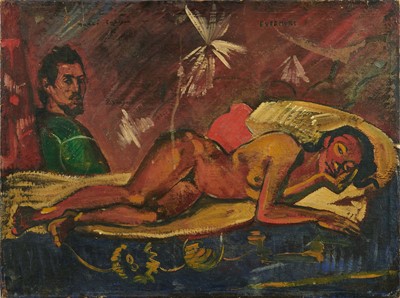 Lot 1317 - Manner of Paul Gauguin (1848-1903) oil on canvas - inscribed 'Evermore', bearing signature, 61cm x 81cm, unframed