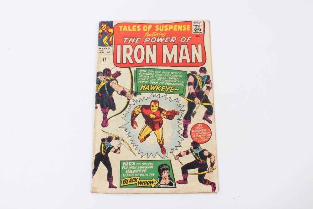 Lot 21 - Tales Of Suspense featuring The Power Of Iron Man #57 1964, Origin & first appearance of Hawkeye. Priced 9d