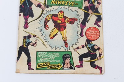 Lot 21 - Tales Of Suspense featuring The Power Of Iron Man #57 1964, Origin & first appearance of Hawkeye. Priced 9d