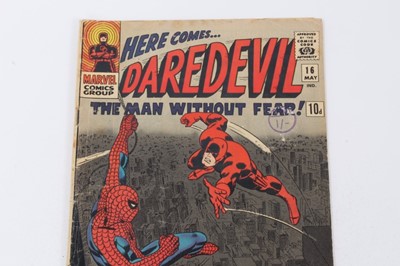Lot 29 - Daredevil #7 (1965) First appearance of red suit daredevil, priced 12 cents. Together with Daredevil #16 (1966) Spider-Man vs Daredevil (1st John Romita Spider-Man art), priced 10d (2)