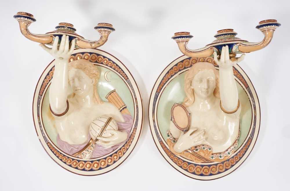 Lot 80 - A rare pair of majolica wall sconces, probably Minton