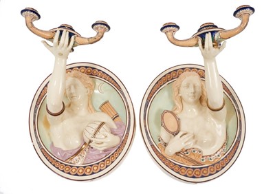 Lot 80 - A rare pair of majolica wall sconces, probably Minton