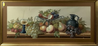 Lot 132 - P Reinert a pair of watercolour and gouache still lives with fruit, 29cm x 74.5cm, in glazed frames (2)