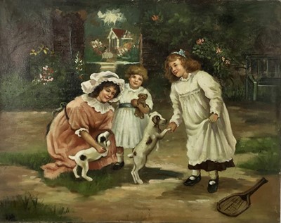 Lot 131 - Continental School mid 20th century oil on canvas - Girls at play with puppies, 48cm x 61cm, unframed