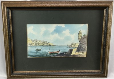 Lot 135 - Carmelo Galea watercolour - The Harbour Malta, signed, 11cm x 19cm, in glazed frame