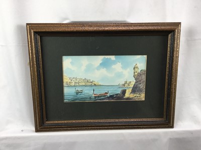 Lot 135 - Carmelo Galea watercolour - The Harbour Malta, signed, 11cm x 19cm, in glazed frame