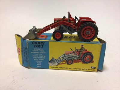 Lot 75 - Corgi Marcos 1800 GT No.324, Farm Tipper Trailer No. 62 and lMassey Ferguson 165 Tractor with shovel No. 69, all boxed
