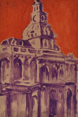 Lot 1169 - *Colin Moss (1914-2005) oil on paper - Architectural Gem, (Ipswich Town Hall) signed and dated '75, titled verso, 56cm x 37.5cm, unframed