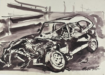 Lot 13 - *Colin Moss (1914-2005) monochrome watercolour - Wrecked car, signed, 42cm x 59cm, unframed