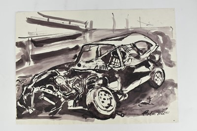 Lot 962 - *Colin Moss (1914-2005) monochrome watercolour - Wrecked car, signed, 42cm x 59cm, unframed