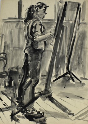 Lot 14 - *Colin Moss (1914-2005) monochrome watercolour - Woman painting at her easel, unsigned, 76cm x 56cm unframed