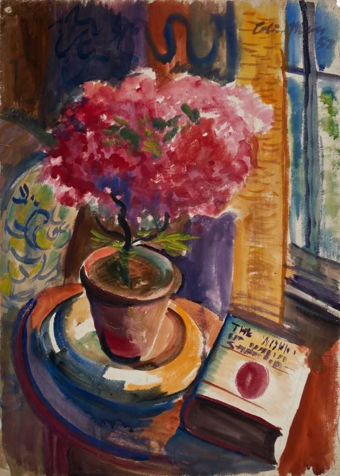 Lot 1172 - *Colin Moss (1914-2005) watercolour - Still life with book and pot plant, signed and dated '52, 78cm x 56cm, unframed