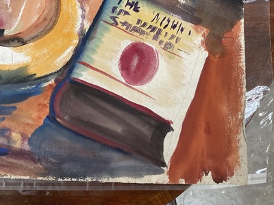 Lot 1172 - *Colin Moss (1914-2005) watercolour - Still life with book and pot plant, signed and dated '52, 78cm x 56cm, unframed