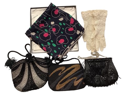 Lot 2172 - Jaeger silk scarf in a Harvey Nichols box, Jaeger woven black satin handbag and other vintage handbags (1 box)