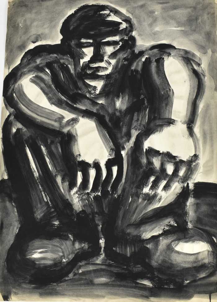 Lot 1180 - *Colin Moss (1914-2005) monochrome watercolour on paper - Seated Workman, studio stamp verso, 76.5cm x 56cm, unframed