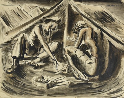 Lot 1163 - *Colin Moss (1914-2005) pen and watercolour  - Two men at camp, signed and dated ‘46, 40.5cm x 50.5cm, together with four other works by the same hand