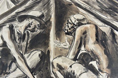 Lot 1163 - *Colin Moss (1914-2005) pen and watercolour  - Two men at camp, signed and dated ‘46, 40.5cm x 50.5cm, together with four other works by the same hand