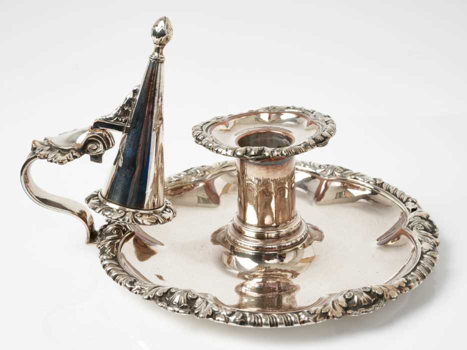 Lot 212 - Regency Sheffield plated chamber candlestick and snuffer by Matthew Bolton with cast shell and gadrooned borders 15cm diameter