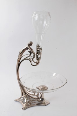 Lot 214 - Late 19th century Art Nouveau WMF silver plated table centre with cut glass trumpet vase and cut glass bowl below, female figure mount and shamrock decoration 49cm high