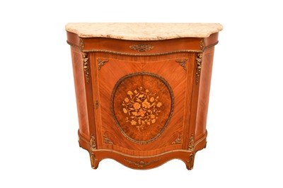 Lot 1424 - 19th century French style kingwood and marquetry inlaid marble topped cabinet