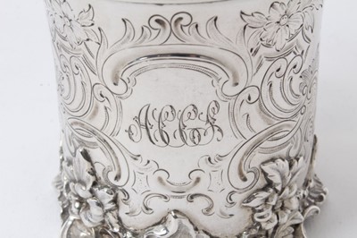 Lot 219 - Good quality Victorian silver christening mug with ornate rococo cast borders, engraved decoration and scroll handle, London 1842, 7.5cm high, approx 5 ozs