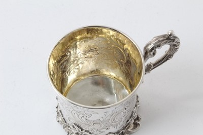 Lot 219 - Good quality Victorian silver christening mug with ornate rococo cast borders, engraved decoration and scroll handle, London 1842, 7.5cm high, approx 5 ozs