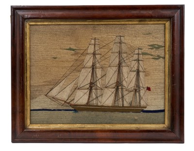 Lot 740 - 19th century sailor's woodwork ship picture, the three masted vessel in calm seas, in period glazed rosewood cushion frame, total size 33 x 46cm