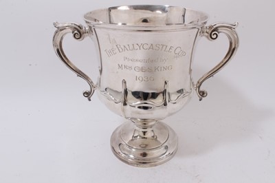 Lot 906 - 1930s silver two handled trophy with presentation inscription 'The Ballycastle Cup, Mid-Antrim Hunt Point to Point', (Sheffield 1930), 32ozs