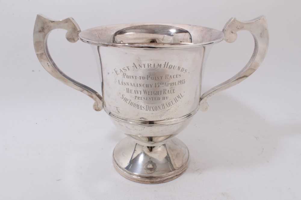 Lot 904 - 1930s silver two handled trophy with presentation inscription 'East Antrim Hounds Point to Point Races Lisnalinchy 15th April 1933', (Birmingham 1931) 30ozs