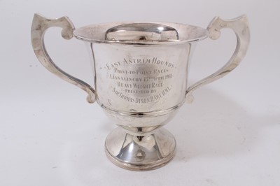 Lot 904 - 1930s silver two handled trophy with presentation inscription 'East Antrim Hounds Point to Point Races Lisnalinchy 15th April 1933', (Birmingham 1931) 30ozs