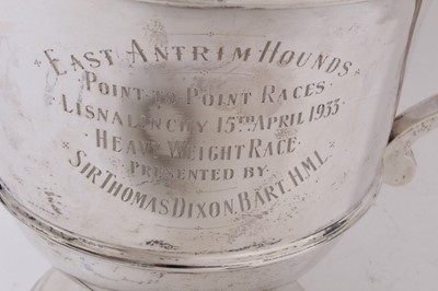 Lot 904 - 1930s silver two handled trophy with presentation inscription 'East Antrim Hounds Point to Point Races Lisnalinchy 15th April 1933', (Birmingham 1931) 30ozs