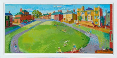 Lot 1250 - Ronald Hellen (contemporary) acrylic on board, South Green, Southwold, signed, titled verso, 35cm x 76cm, framed