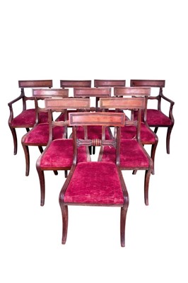 Lot 1308 - Set of ten George IV mahogany bar back dining chairs, each with slip in seat on square tapered legs, two include a pair of carvers
