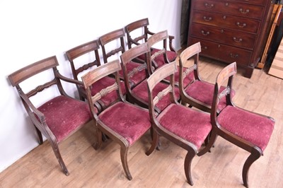 Lot 1308 - Set of ten George IV mahogany bar back dining chairs, each with slip in seat on square tapered legs, two include a pair of carvers