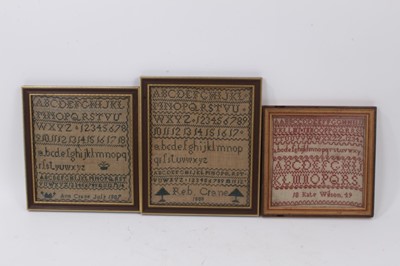 Lot 756 - Pair of George III woolwork samplers by sisters Reb. and Ann Crane, together with another