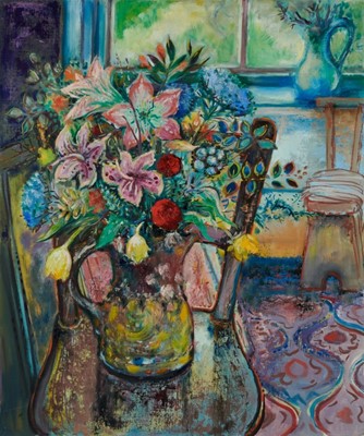 Lot 1260 - Audrey Pilkington (1922-2015) oil on board - Still Life Flowers in an Interior, Bruisyard circa 1970s, signed verso, 61cm x 51cm, unframed