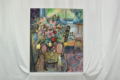 Lot 1260 - Audrey Pilkington (1922-2015) oil on board - Still Life Flowers in an Interior, Bruisyard circa 1970s, signed verso, 61cm x 51cm, unframed